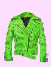 Vibrant Parrot Green Leather Jacket Bold Spiked Biker Wear with Customizable Heavy Metal Accents